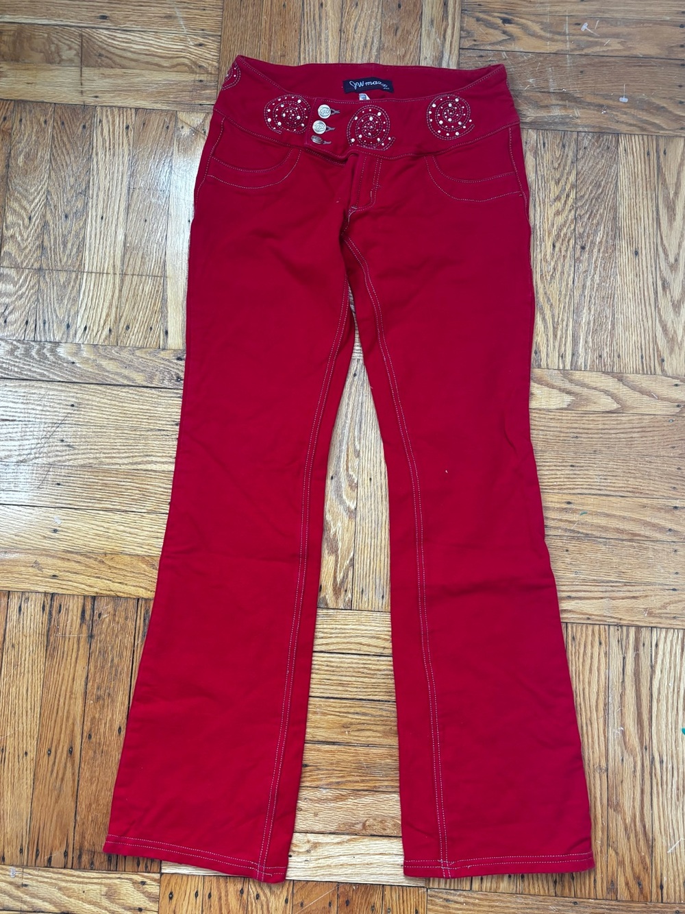 Red Low Rise Flare Pants with Embellished waistband